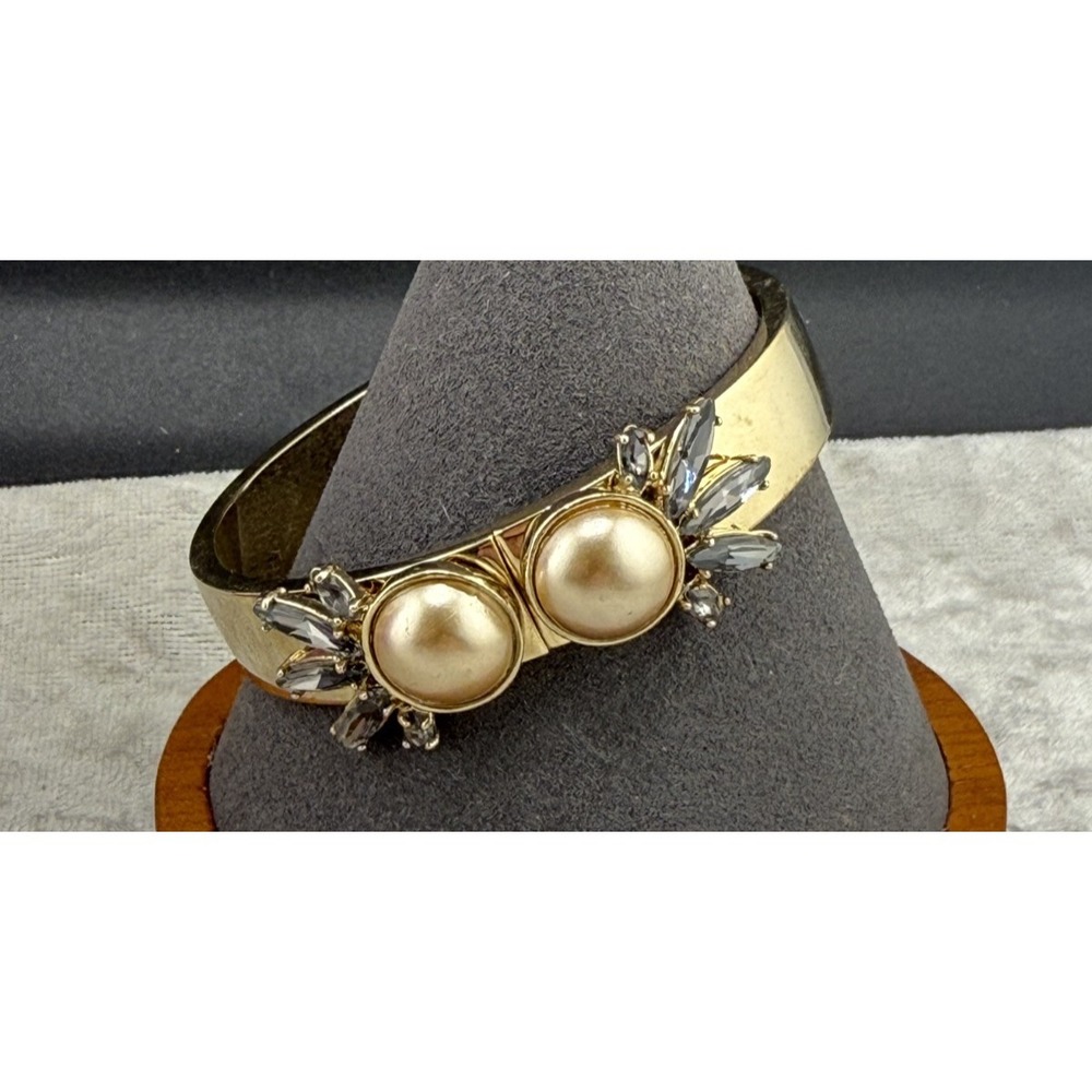 Vintage Ann Taylor Bangle Bracelet Gold Faux Pearl Smokey Rhinestone 6.5in